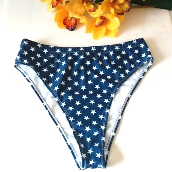 BLUE WHITE STAR HIGH-CUT HIGH-WAIST BIKINI BOTTOMS SIZE XL NWOT - Picture 2 of 7